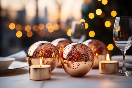 Beautiful Christmas table setting with burning candles and Christmas balls on blurred backgroundの素材