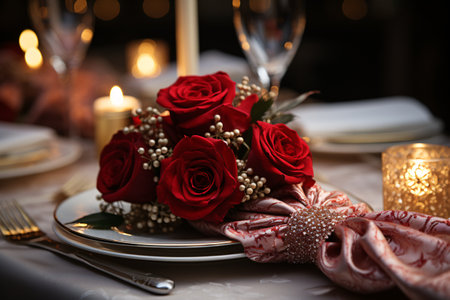 Romantic table setting with red roses on the table in a restaurantの素材