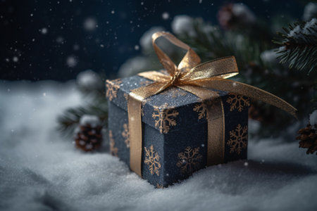 Christmas gift box on snow with fir tree and snowflakes on dark backgroundの素材