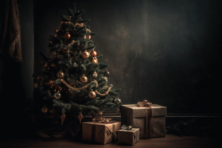 Christmas tree with presents on dark background. Selective focus. Holiday concept.の素材