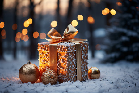 Gift box with golden christmas decorations on snow in winter forest.の素材