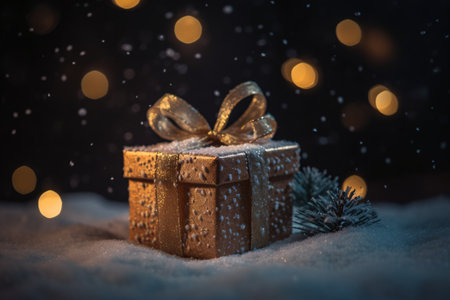 Gift box in snow with bokeh background. Christmas and New Year concept.の素材