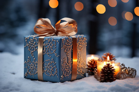 Christmas gift box with burning candles on snow and bokeh backgroundの素材