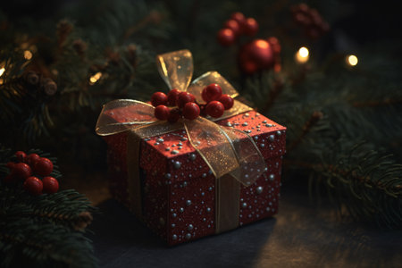 Christmas gift box with red ribbon on the background of the Christmas treeの素材
