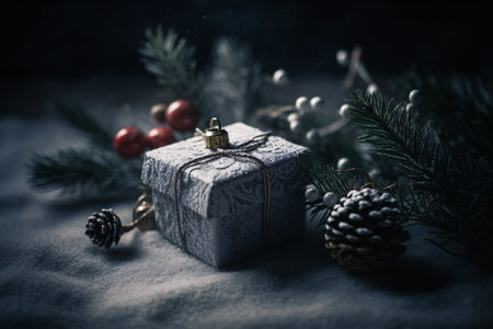 Christmas decoration with gift box on rustic background. Toned.の素材