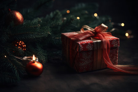 Christmas gift box with red ribbon and christmas tree on dark backgroundの素材