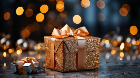 Christmas gift box with golden bow on blurred bokeh lights backgroundの素材