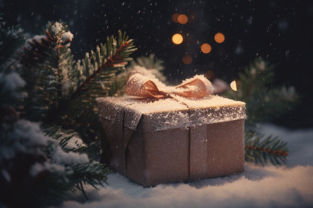 Christmas gift box on snow with fir branches and bokeh backgroundの素材