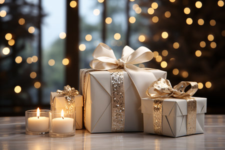 Beautiful gift boxes with burning candles on table against blurred festive lightsの素材