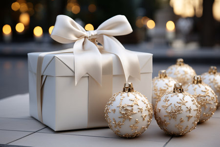 Christmas decoration with gift box and baubles on blurred background.の素材