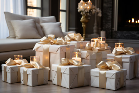 Beautiful gift boxes with burning candles on wooden floor in living roomの素材