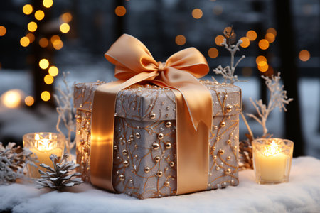 Beautiful Christmas gift box with burning candles on snow outdoors, closeupの素材