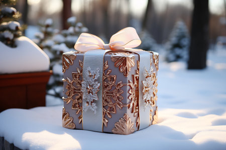 Beautiful gift box on snow in winter park, closeup viewの素材