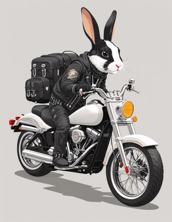 Rabbit on a motorcycle - 3D illustration. Isolated on gray background.の素材