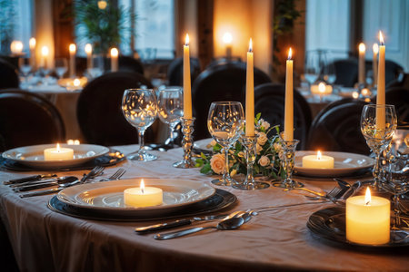 Elegant table setting with burning candles in restaurant, closeupの素材