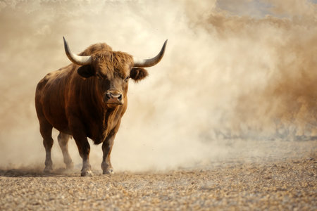 Bull with big horns on a dusty road. Bull in the steppe.の素材