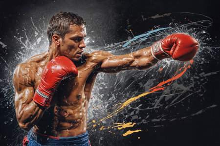 Portrait of shirtless fighter with red boxing gloves on dark backgroundの素材