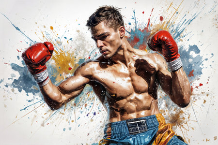 Handsome muscular man with red boxing gloves. Sport concept.の素材