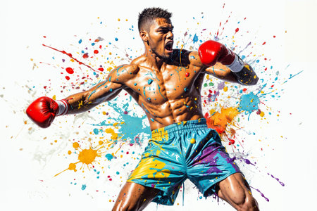 Portrait of a shirtless boxer with red boxing gloves against white backgroundの素材