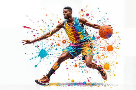 Young african-american basketball player jumping with ball against splashesの素材