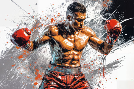 Boxer in action on a grunge background. Illustration of a boxer in action with colorful splash background. Portrait of an athletic male boxer with boxing gloves.の素材