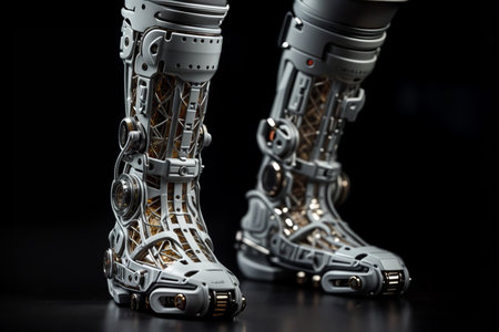 Robot legs with silver metal skeleton on black background. 3d renderingの素材