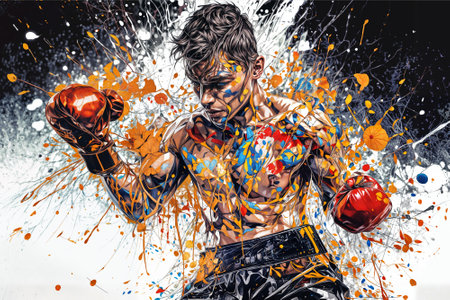 Portrait of a young boxer with boxing gloves. Mixed media.の素材