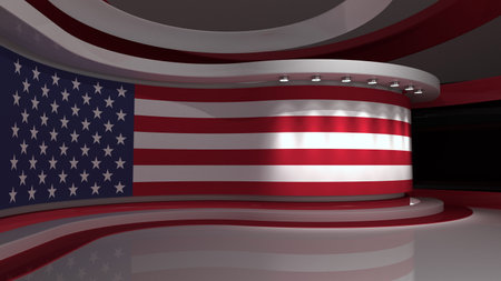 USA flag. TV studio. USA flag studio. USA flag background. Background for usa electoral programs. News studio. 3d render. 3dの写真素材