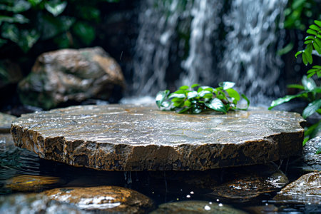 Premium podium on a background with plant branches, small picturesque stream in the foreground. leaves, pebbles and natural stones. Mockup for exhibitions, product presentations, therapy, relaxation and healthIn the background, the waterfall flows into the water surface with beautiful splashes near the podiumの素材