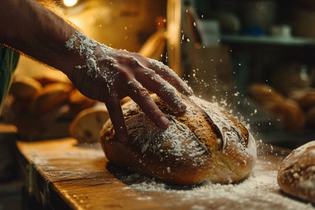 Baker sprinkling flour on freshly baked bread in bakery, closeupの素材