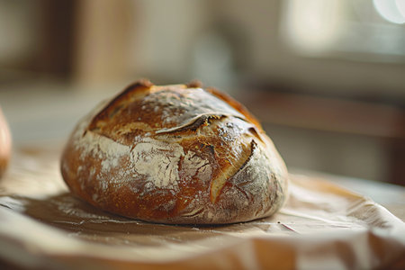 Freshly baked sourdough bread on a table in a bakeryの素材