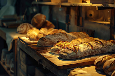 Freshly baked bread on the counter in a bakery. Bakeryの素材