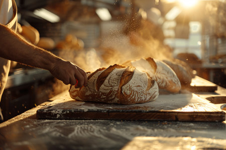Baker cutting fresh bread in bakery, closeup. Food productionの素材