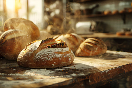 Freshly baked bread on wooden table in bakery shop, closeupの素材