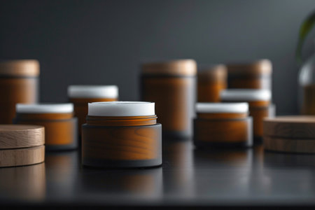 Luxurious Open Cosmetic Cream Jar on Dark Stone Background. Elegant black jar of natural face cream with open lid, surrounded by green foliage and warm candle light, perfect for spa and skincare.の素材