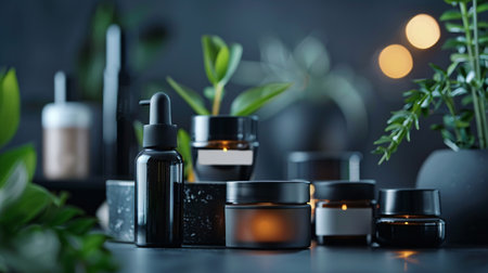 Luxurious Open Cosmetic Cream Jar on Dark Stone Background. Elegant black jar of natural face cream with open lid, surrounded by green foliage and warm candle light, perfect for spa and skincare.の素材