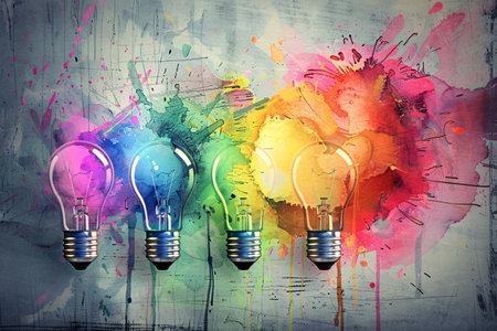 Innovation and creativity. "Colorful Creativity: Light Bulb with Paint Splashes".. Description: Light bulb bursting with colorful splatters.の素材