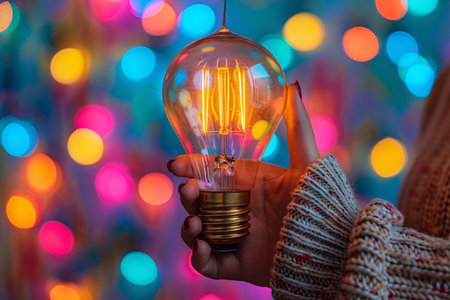 Woman hand holding a light bulb with colorful bokeh background.の素材