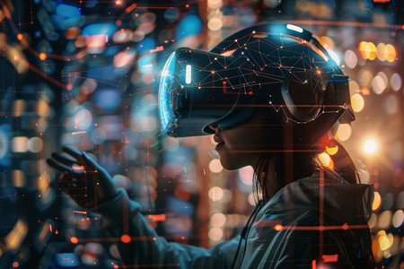 Woman wearing virtual reality goggles. Future technology concept. 3D Renderingの素材