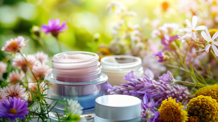 Skincare Collection. Skincare Collection in Blossom. A vibrant display of floral-infused skincare creams in harmony with a burst of colorful spring blossoms, capturing the essence of botanical beauty.の素材
