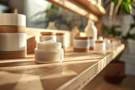 Jar of cosmetic cream on wooden shelf in beauty salon, closeupの素材