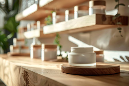Jar of cream on wooden shelf in beauty salon, closeup. Cosmetic productsの素材