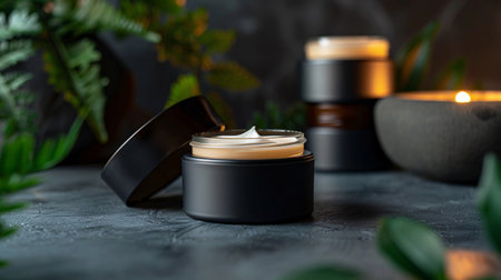 Luxurious Open Cosmetic Cream Jar on Dark Stone Background. Elegant black jar of natural face cream with open lid, surrounded by green foliage and warm candle light, perfect for spa and skincare.の素材