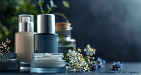 Set of cosmetic products with lavender flowers on dark background, copy spaceの素材