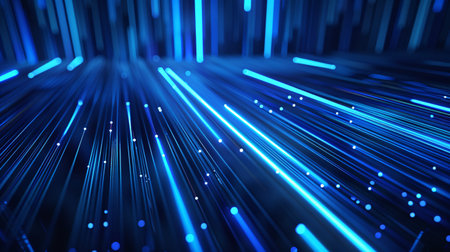 Digital Blue Light Fibers Accelerating. Dynamic blue optical fibers emitting light, representing high-speed data transfer and connectivity.の素材