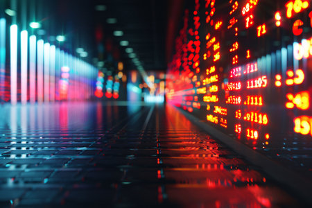 Sock ticker background. Abstract digital data concept with glowing oLED lights representing server activity.の素材