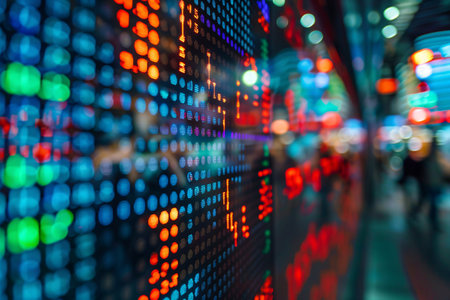 Sock ticker background. Abstract digital data concept with glowing oLED lights representing server activity.の素材