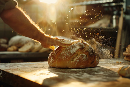 Freshly baked bread in a bakery. The hands of the baker who kneads the dough.の素材