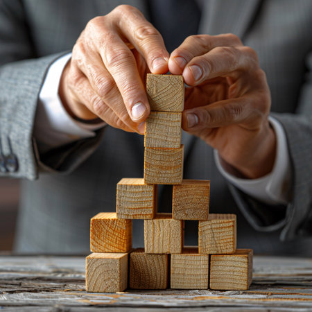 Businessman building a tower of wooden cubes. Business success concept.の素材
