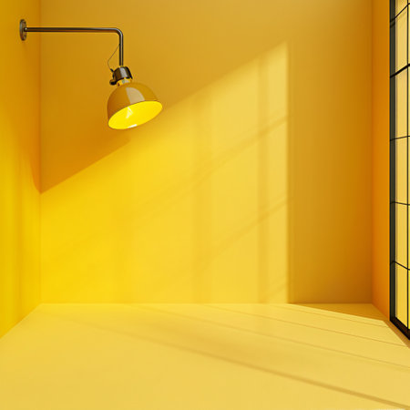 Interior of bright room with yellow wall and floor lamp. 3d renderの素材
